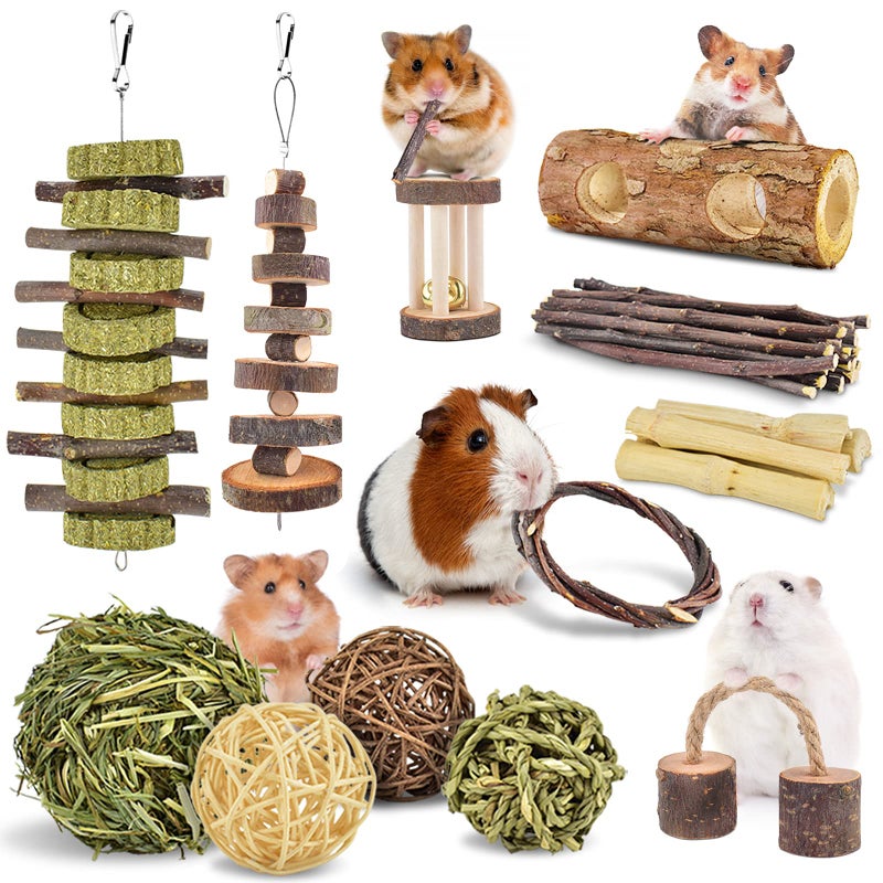 ERKOON New 12 Pack Hamster Chew Toys Gerbil Rat Guinea Pig Chinchilla Chew Toys Accessories, Natural Wooden Dumbbells Exercise Bell Roller Teeth Care Molar Toy for Rabbits Bird Rabbits Hamster Gerbil - Image 1